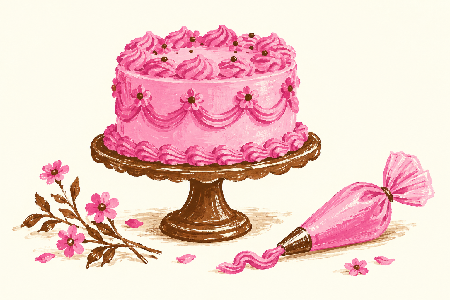 Illustration of a pink celebration cake and piping bag