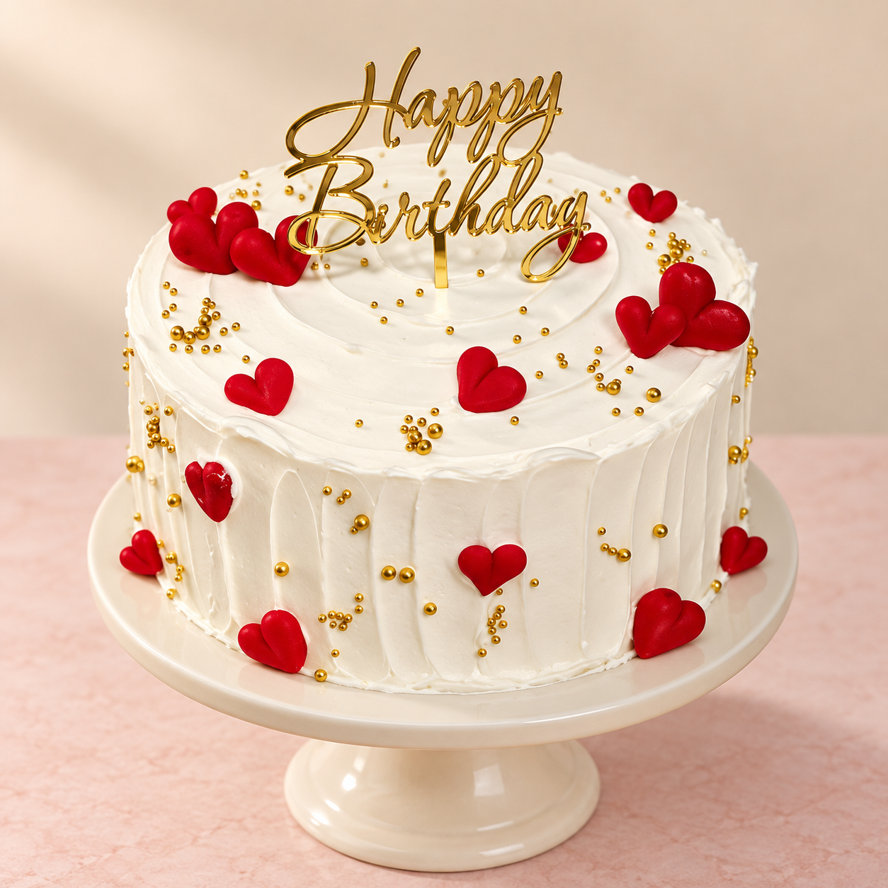Studio design preview of a white celebration cake with red hearts and gold birthday topper